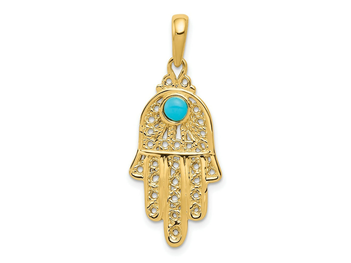 FJC Finejewelers 10 kt Yellow Gold Turquoise Filigree Chamseh Charm 35 x 15 mm