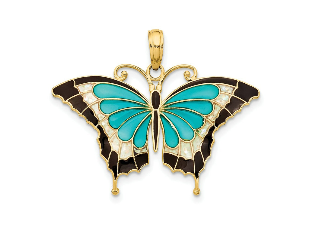 FJC Finejewelers 10 kt Yellow Gold Aqua Enameled Butterfly Charm 24 x 31 mm