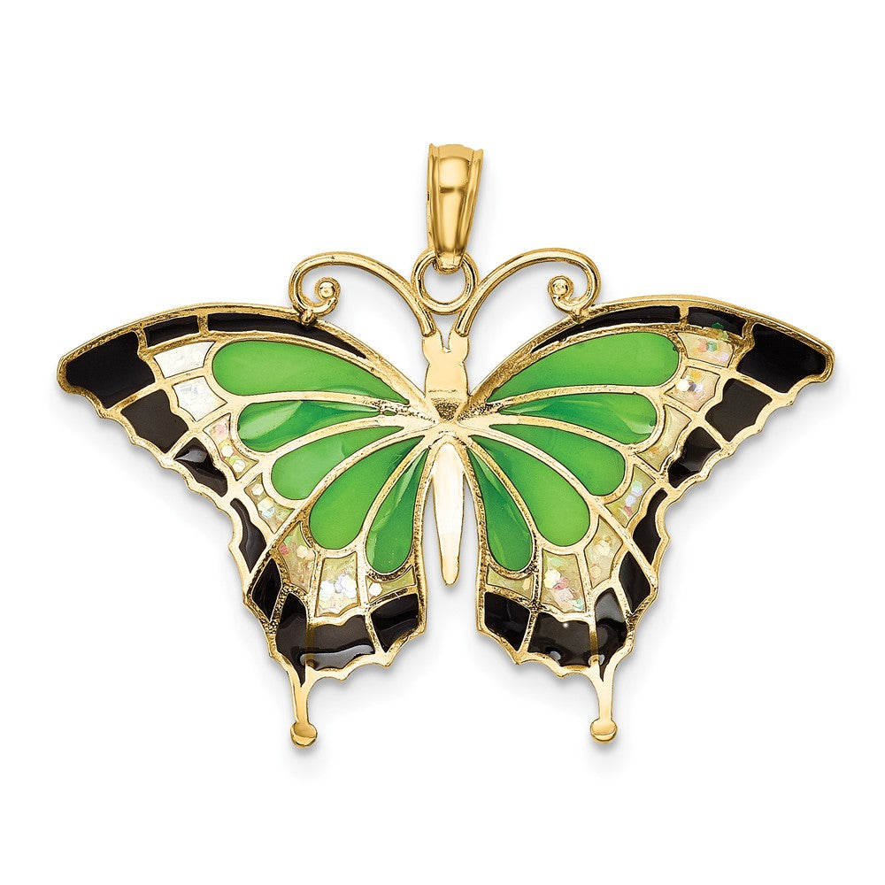 FJC Finejewelers 10 kt Yellow Gold Green Enameled Butterfly Charm 24 x 31 mm