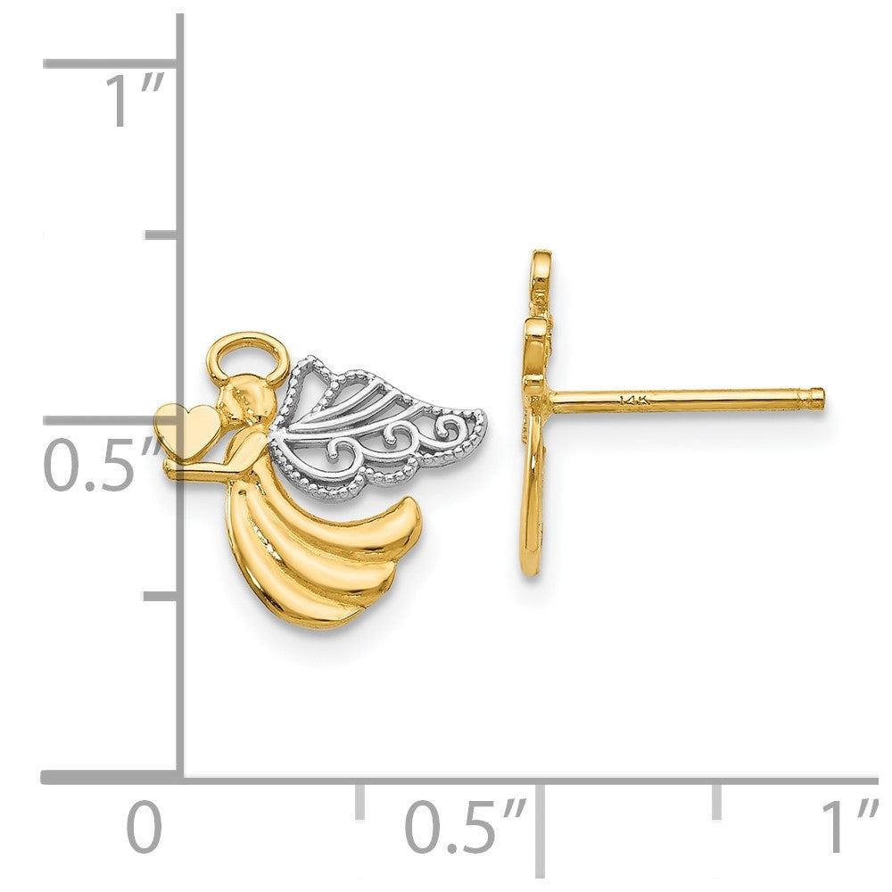 FJC jewelers 10 kt Yellow Gold Button and Rhodium Angel with Heart Post Earrings 11 mm x 12 mm