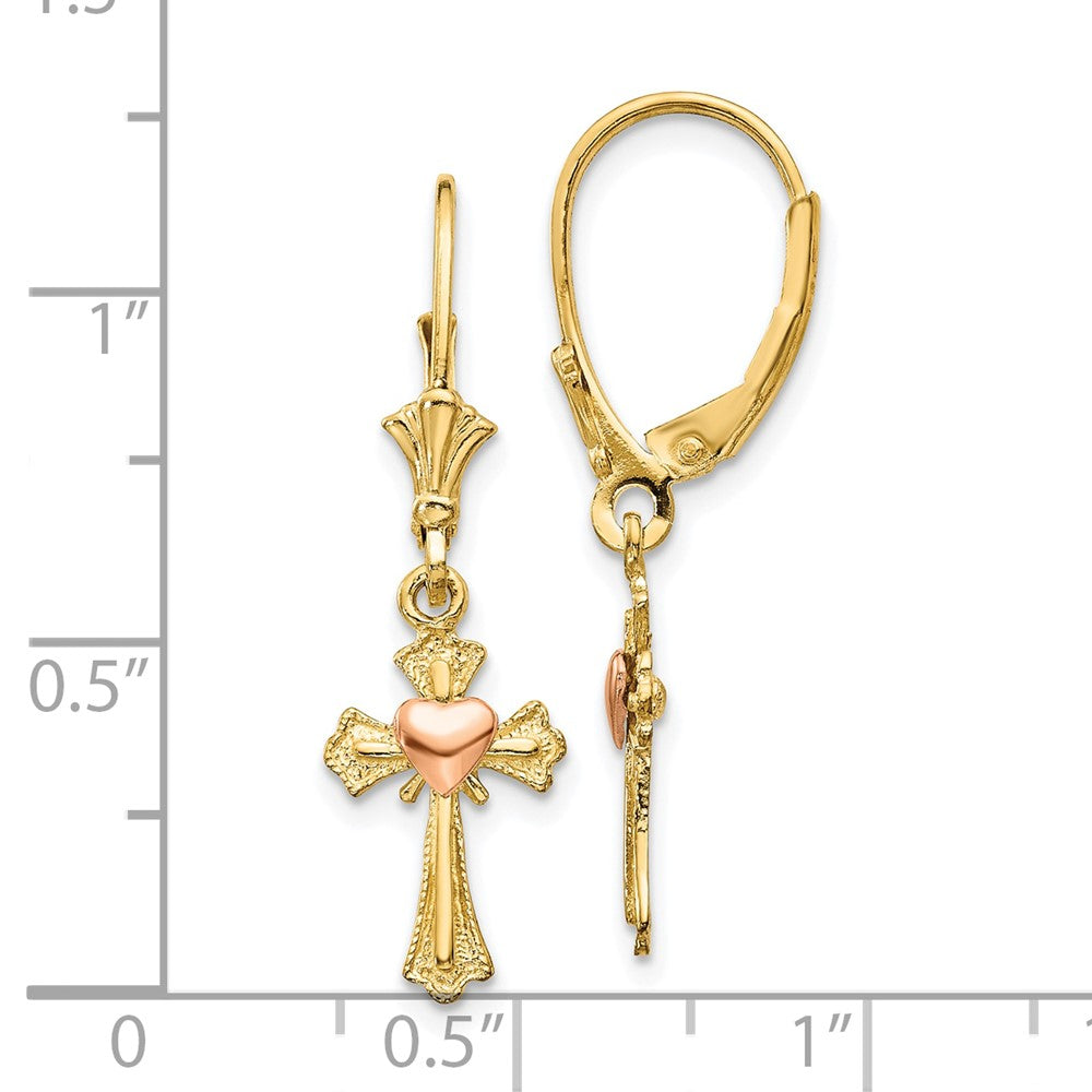 FJC jewelers 10 kt Two Tone Gold Dangle Two-tone Heart on Cross Leverback Earrings 32 mm x 9 mm