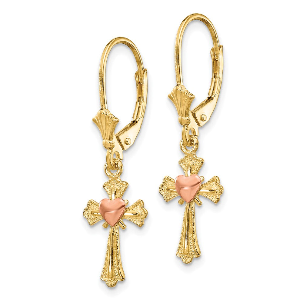 FJC jewelers 10 kt Two Tone Gold Dangle Two-tone Heart on Cross Leverback Earrings 32 mm x 9 mm