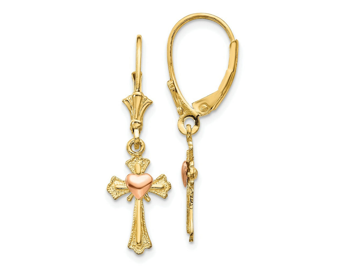 FJC jewelers 10 kt Two Tone Gold Dangle Two-tone Heart on Cross Leverback Earrings 32 mm x 9 mm
