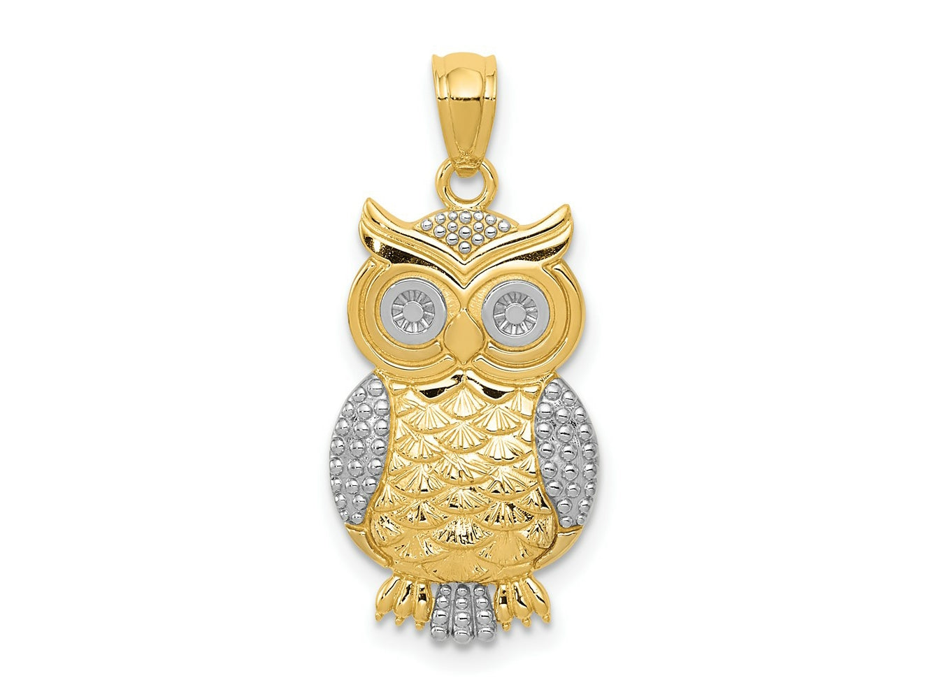 FJC Finejewelers 10 kt Yellow Gold and Rhodium Polished and Textured Owl Charm 26 x 12 mm