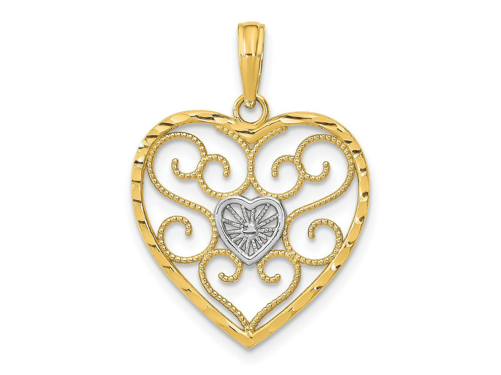 FJC Finejewelers 10 kt Yellow Gold with Rhodium Filigree Beaded Heart Charm 24 x 19 mm