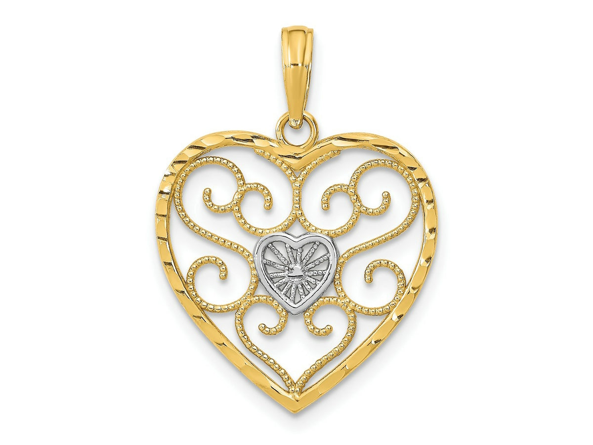 FJC Finejewelers 10 kt Yellow Gold with Rhodium Filigree Beaded Heart Charm 24 x 19 mm