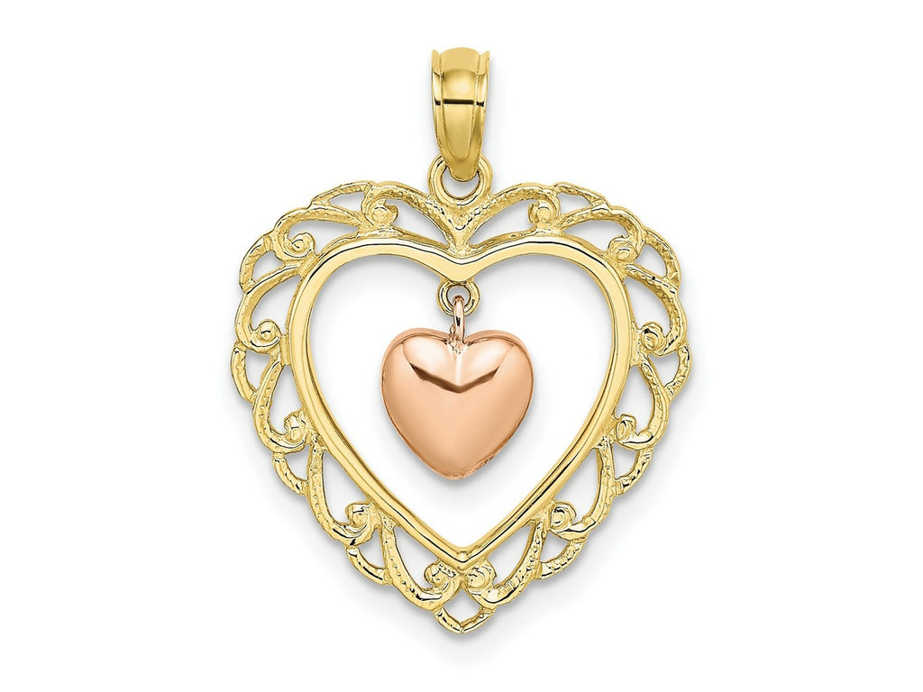 FJC Finejewelers 10 kt Yellow and Rose Gold Themed Polished Dangling Heart In Heart Charm 22.5 mm x 18.5 mm