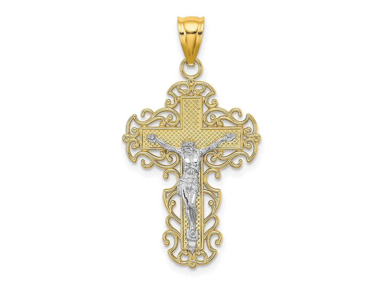 FJC Finejewelers 10 kt Two Tone Gold Two-Tone with Lace Trim Crucifix Charm 33 x 18 mm