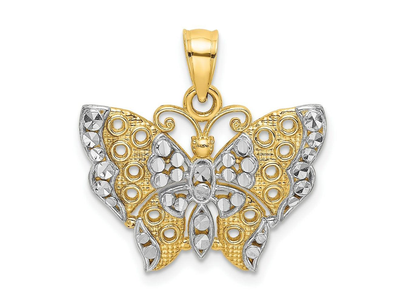 FJC Finejewelers 10 kt Yellow Gold Bright Cut with Rhodium Butterfly with White Edge and Cut-out Wings 20 x 19 mm