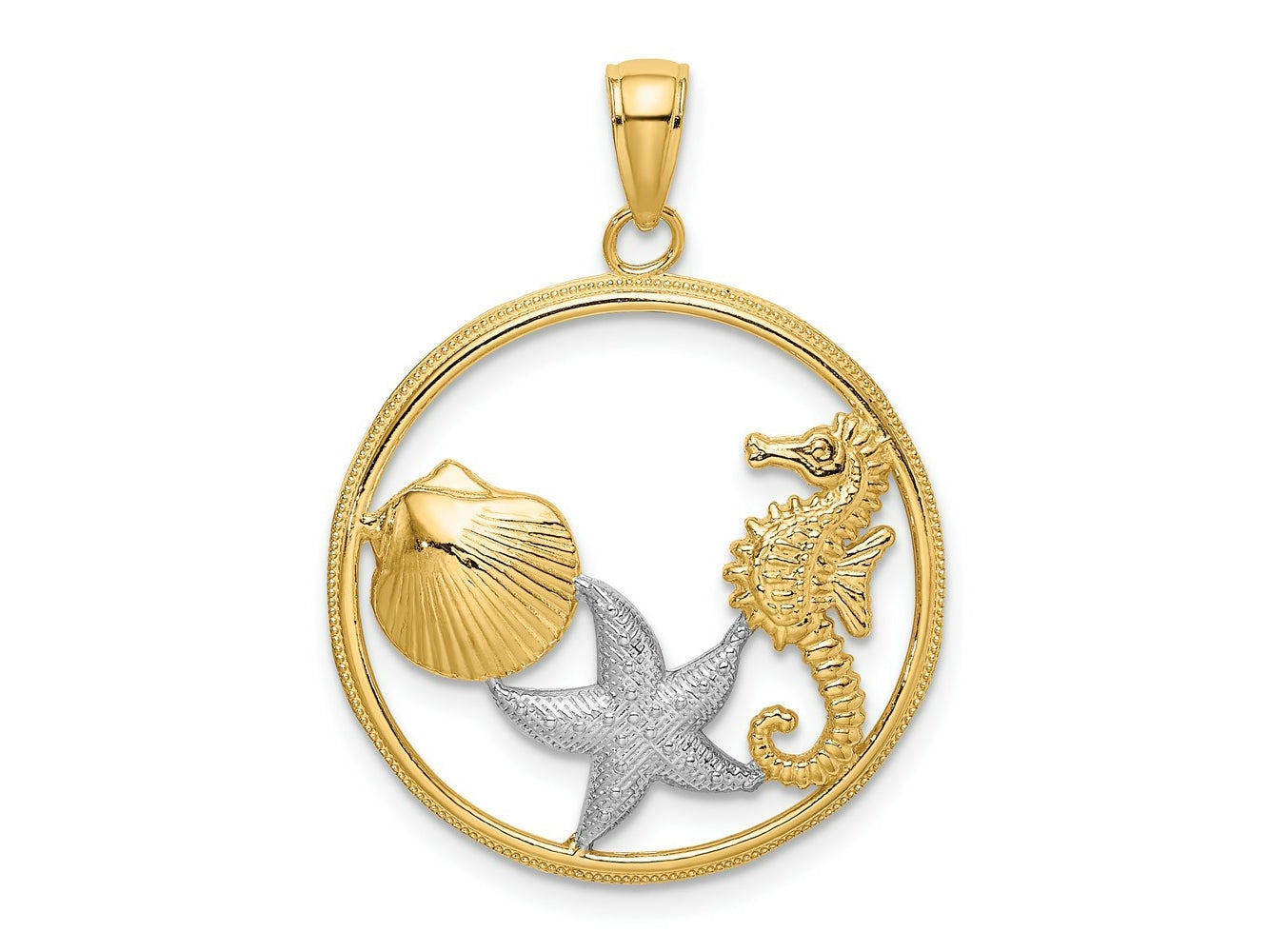 FJC Finejewelers 10 kt Yellow Gold with Rhodium Scallop, Starfish ,Seahorse Circle Charm 24 x 24 mm