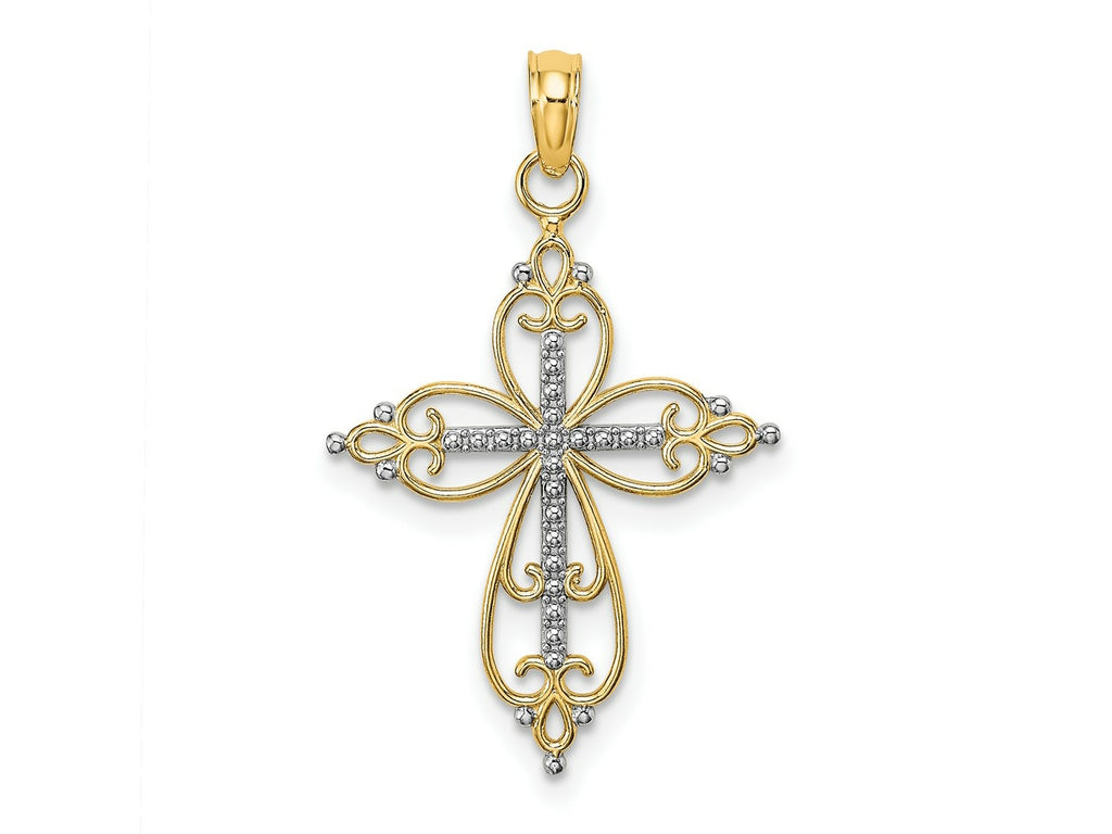 FJC Finejewelers 10 kt Yellow Gold W/ Rhodium Beaded Cross Charm 22 x 18 mm