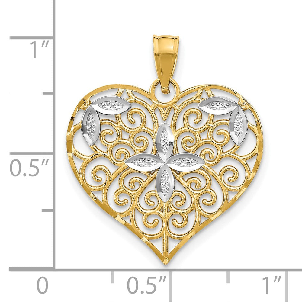 FJC Finejewelers 10 kt Yellow Gold with Rhodium Cut-Out Filigree Flower and Heart Charm 24 x 21 mm