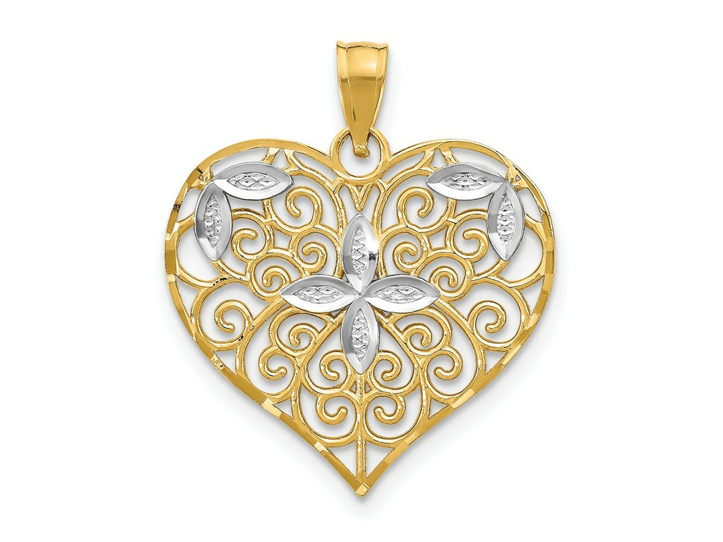 FJC Finejewelers 10 kt Yellow Gold with Rhodium Cut-Out Filigree Flower and Heart Charm 24 x 21 mm