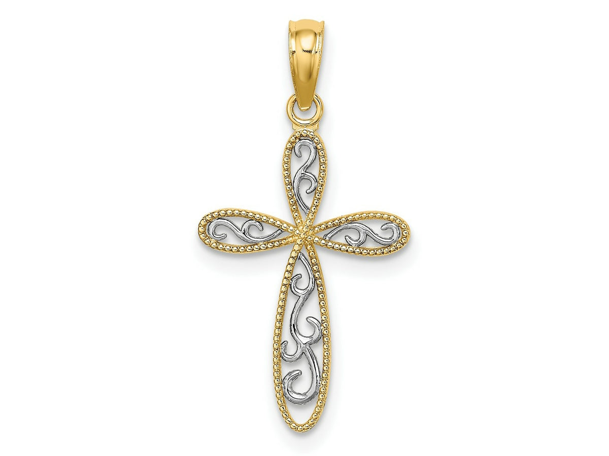 FJC Finejewelers 10 kt Yellow Gold with Rhodium Filigree and Milgrain Cross Charm 19 x 12 mm