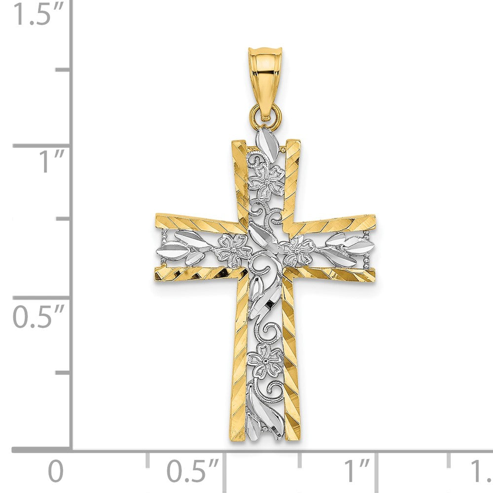 FJC Finejewelers 10 kt Yellow Gold W/ Rhodium and Bright Cut Flower Design Cross Charm 25 x 18 mm
