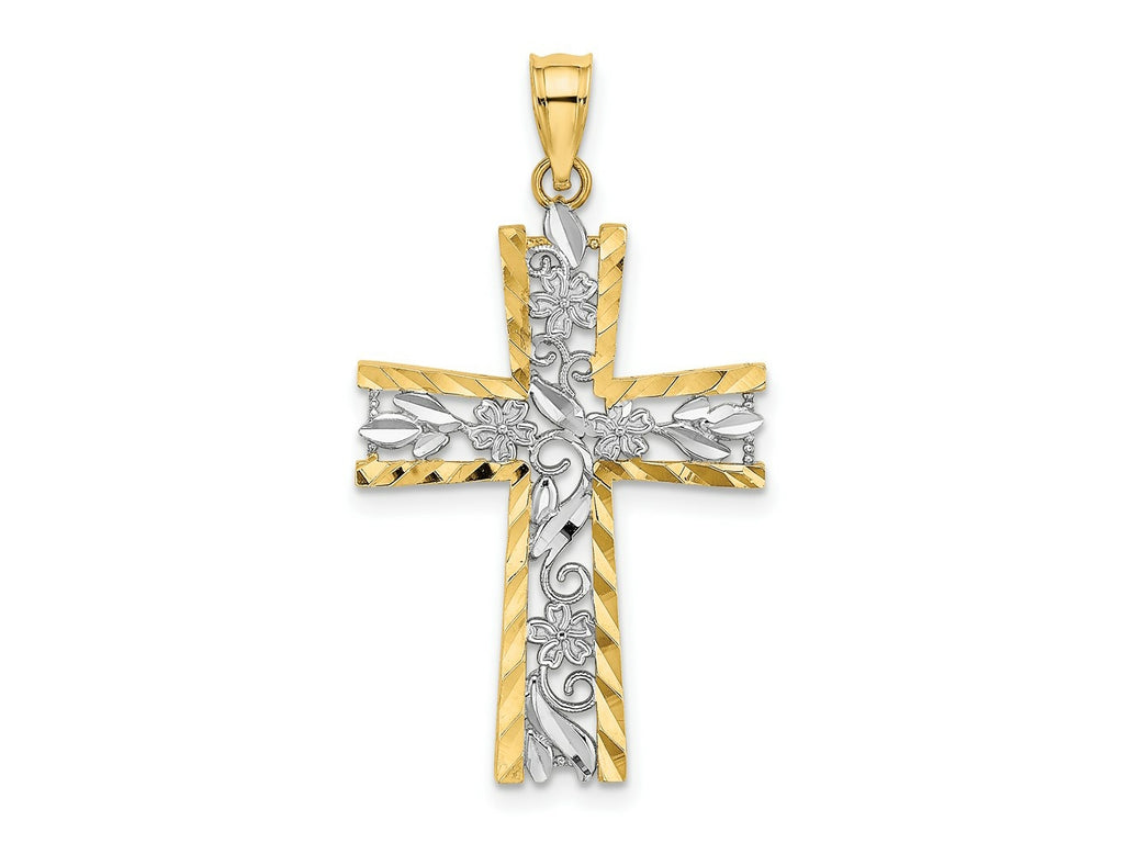 FJC Finejewelers 10 kt Yellow Gold W/ Rhodium and Bright Cut Flower Design Cross Charm 25 x 18 mm