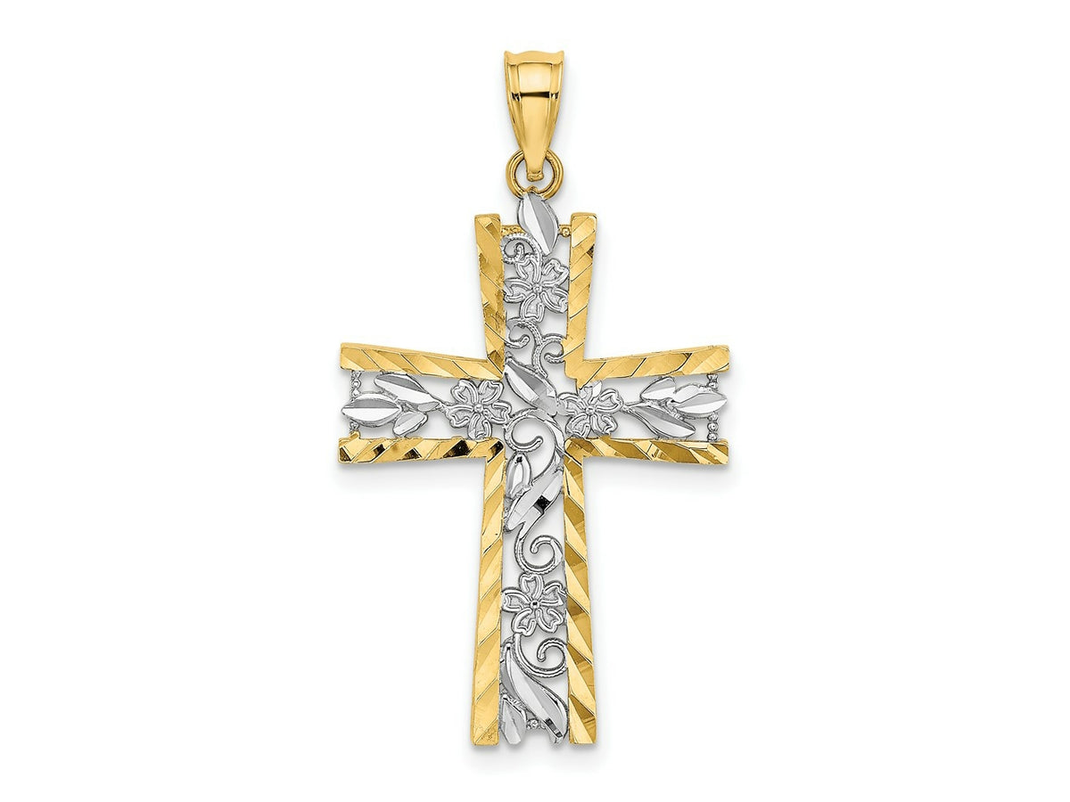 FJC Finejewelers 10 kt Yellow Gold W/ Rhodium and Bright Cut Flower Design Cross Charm 25 x 18 mm