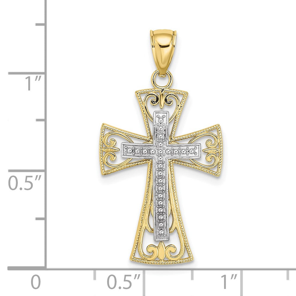 FJC Finejewelers 10 kt Two Tone Gold Two-tone 2-D and Bright Cut Beaded Filigree Cross Charm 24 x 18 mm