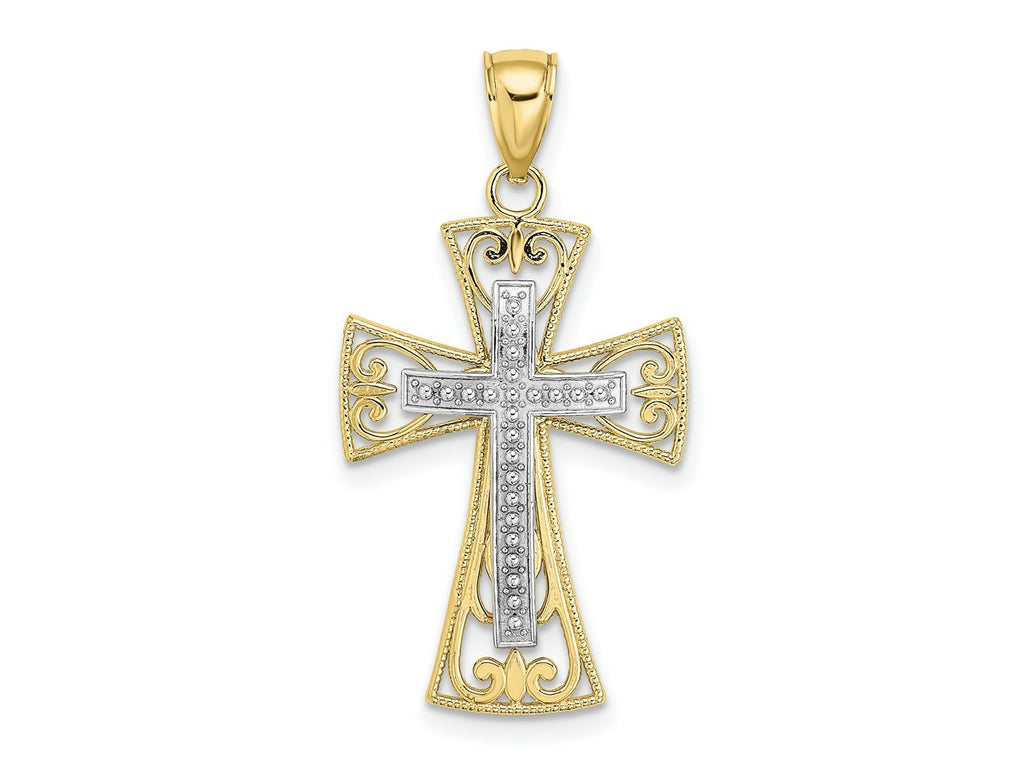 FJC Finejewelers 10 kt Two Tone Gold Two-tone 2-D and Bright Cut Beaded Filigree Cross Charm 24 x 18 mm