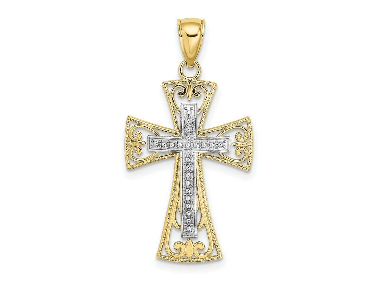 FJC Finejewelers 10 kt Two Tone Gold Two-tone 2-D and Bright Cut Beaded Filigree Cross Charm 24 x 18 mm
