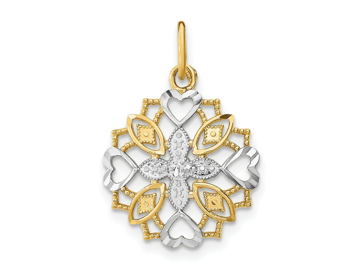 FJC Finejewelers 10 kt Yellow Gold with Rhodium Center Flower and Heart Charm 23 x 16 mm