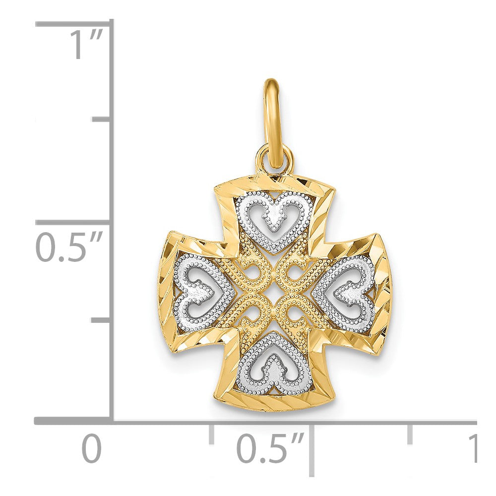 FJC Finejewelers 10 kt Yellow Gold with Rhodium Hearts and Bright Cut Maltese Cross Charm 17 x 14 mm