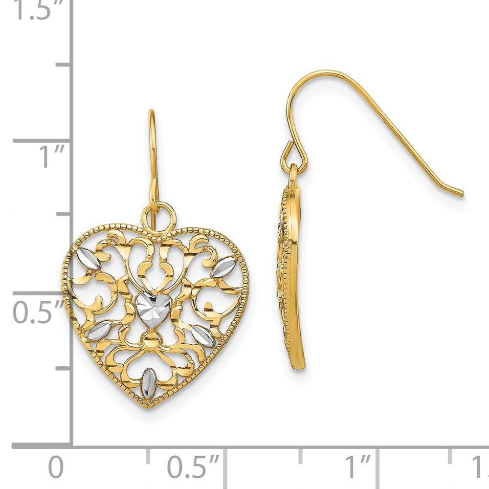 FJC Finejewelers 10 kt Yellow Gold Dangle with Rhodium Filigree Cut-Out Heart Wire Earrings 24 mm x 15 mm