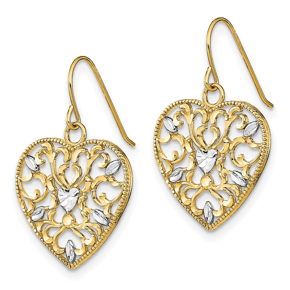 FJC Finejewelers 10 kt Yellow Gold Dangle with Rhodium Filigree Cut-Out Heart Wire Earrings 24 mm x 15 mm