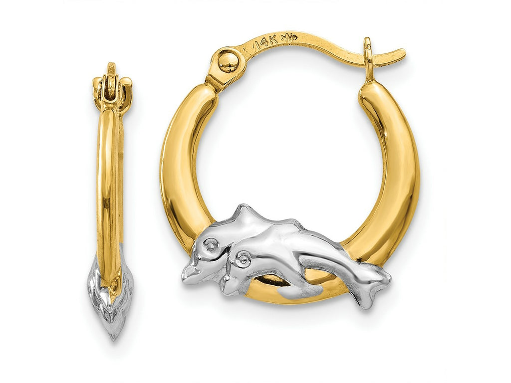 FJC Finejewelers 10 kt Yellow Gold and Rhodium Dolphin Hoop Earrings 15 mm x 14 mm