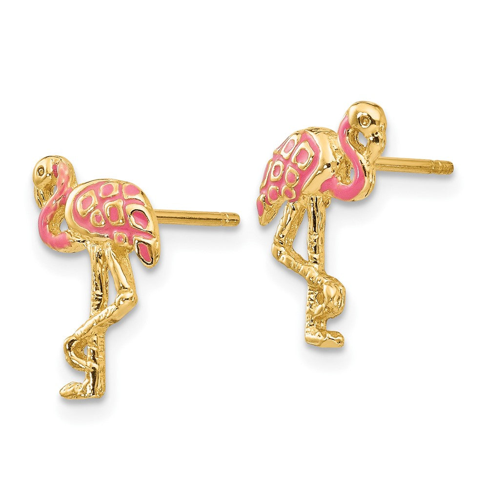 FJC Finejewelers 10 kt Yellow Gold Button Pink Enameled Flamingo Post Earrings 13 mm x 9 mm