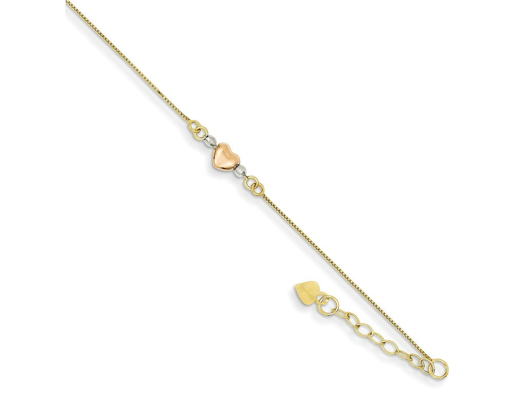 FJC Finejewelers 14 kt Tri Color Gold Box Tri-Color Puffed Heart 10in Plus 1in ext Anklet 10 Inches x 1 mm