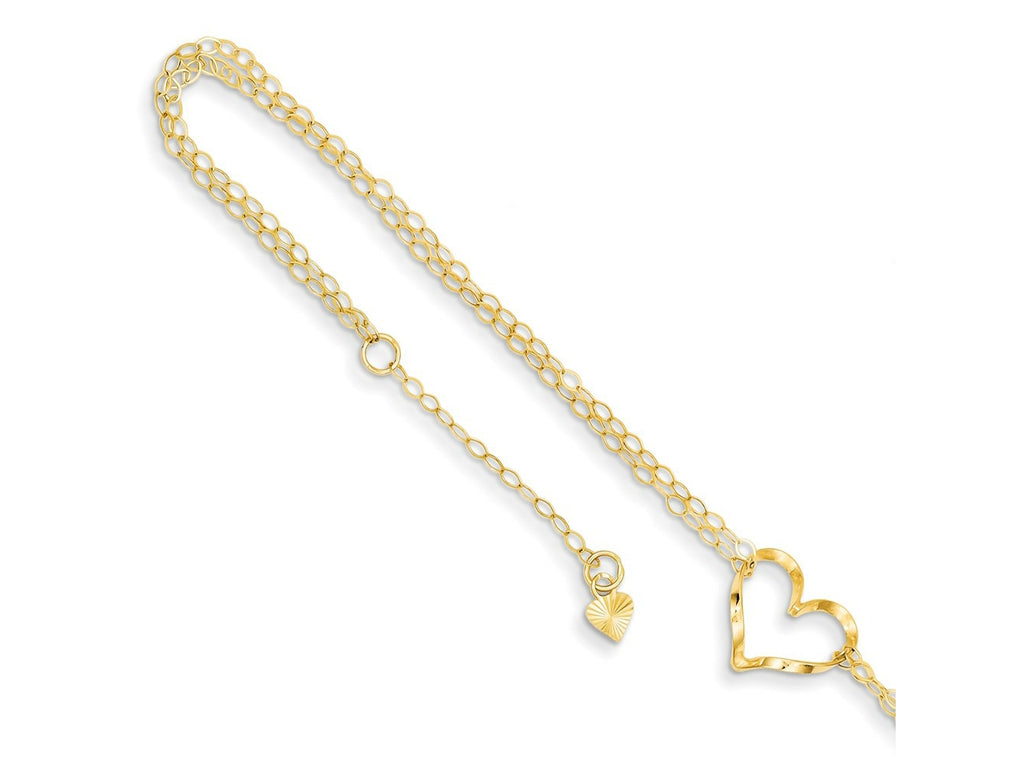 FJC Finejewelers 14 kt Yellow Gold Cable Double Strand Heart 10in Plus 1in ext. Anklet 10 Inches x 11 mm