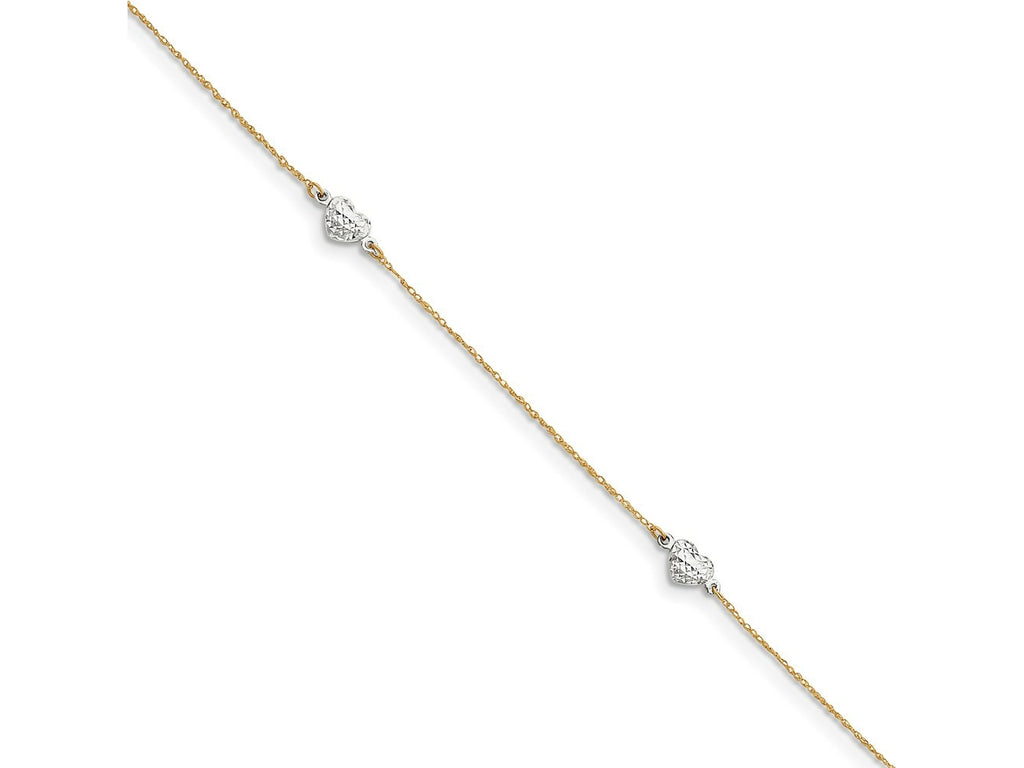 FJC Finejewelers 14 kt Two Tone Gold with Station Puff Heart 10in Plus 1in ext Anklet 10 Inches x 5 m