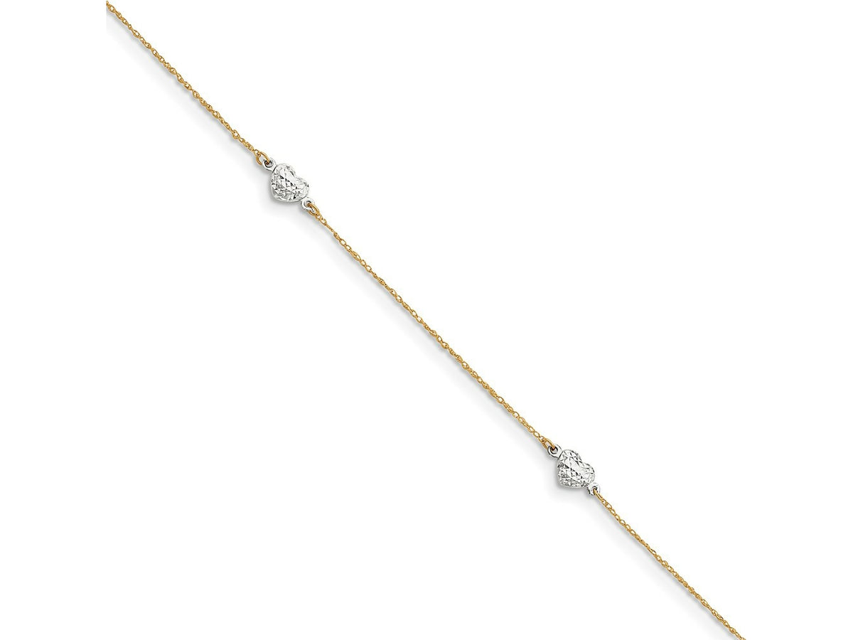 FJC Finejewelers 14 kt Two Tone Gold with Station Puff Heart 10in Plus 1in ext Anklet 10 Inches x 5 m