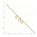 FJC Finejewelers 14 kt Yellow Gold Cable 3 Hearts 10inch Plus 1 inch Extension Anklet 10 Inches x 7 mm