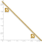 FJC Finejewelers 14 kt Yellow Gold Curb Polished 3 Puffed Heart 9in Plus 1in ext Anklet 9 Inches x 9 mm