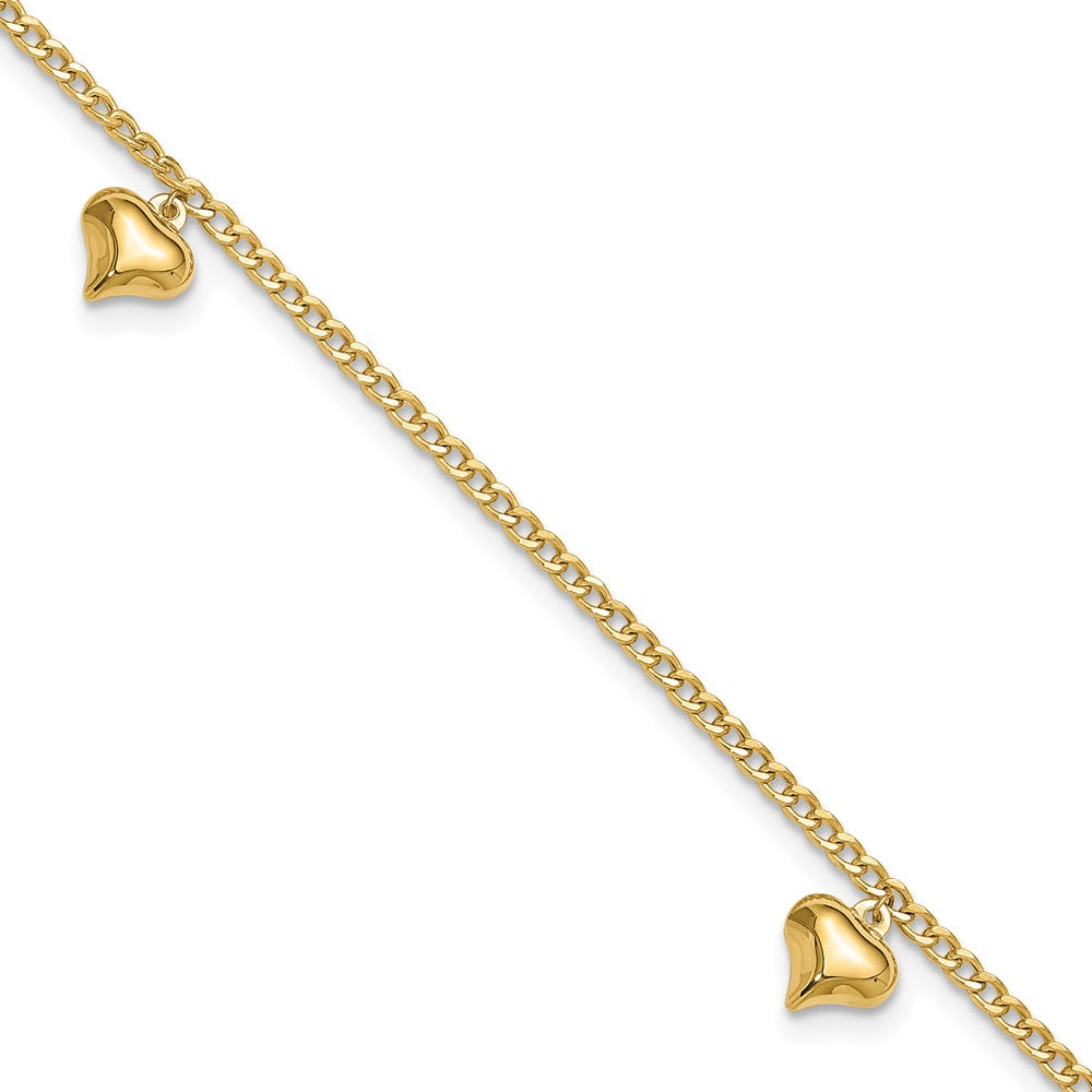 FJC Finejewelers 14 kt Yellow Gold Curb Polished 3 Puffed Heart 9in Plus 1in ext Anklet 9 Inches x 9 mm