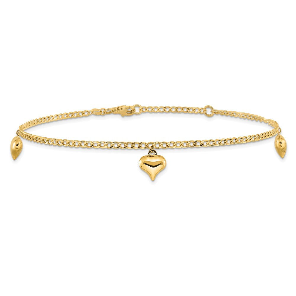 FJC Finejewelers 14 kt Yellow Gold Curb Polished 3 Puffed Heart 9in Plus 1in ext Anklet 9 Inches x 9 mm