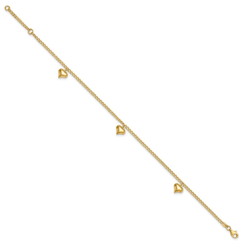 FJC Finejewelers 14 kt Yellow Gold Curb Polished 3 Puffed Heart 9in Plus 1in ext Anklet 9 Inches x 9 mm