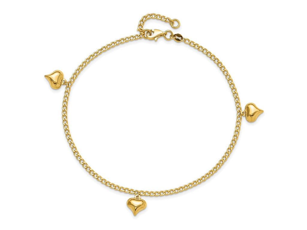 FJC Finejewelers 14 kt Yellow Gold Curb Polished 3 Puffed Heart 9in Plus 1in ext Anklet 9 Inches x 9 mm