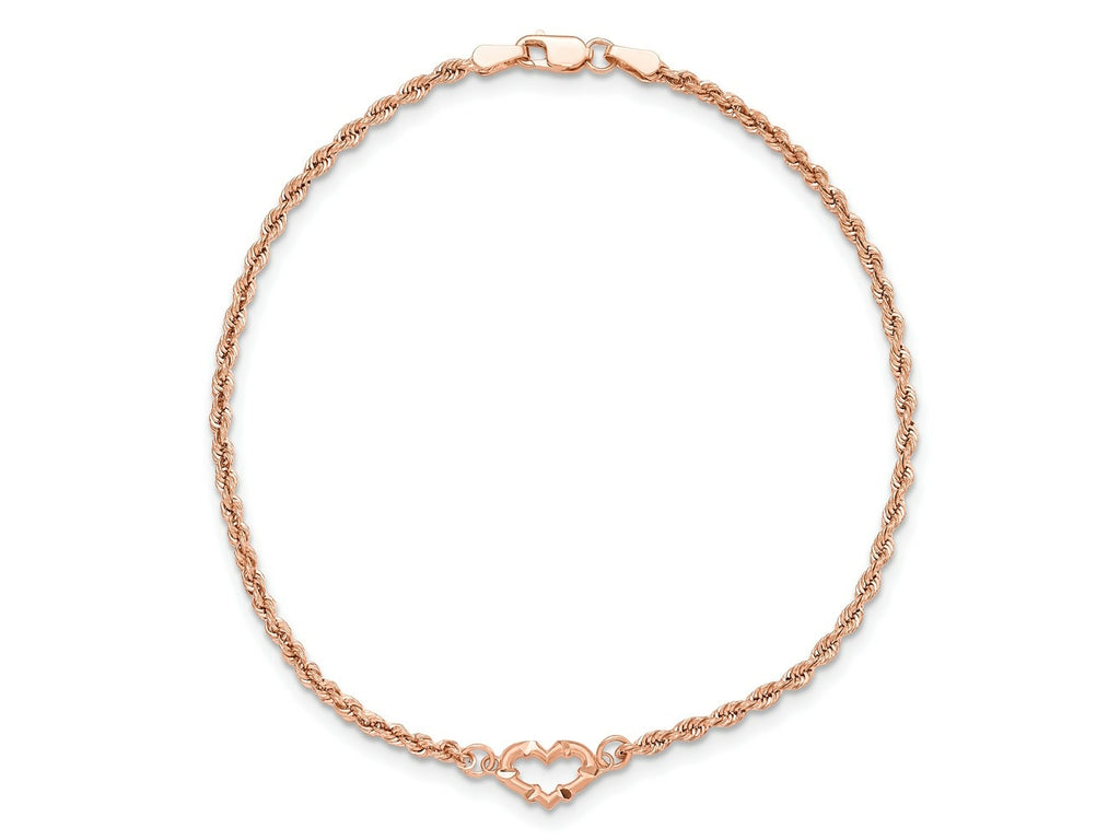 FJC Finejewelers 14 kt Rose Gold Bright Cut Rope with Heart Anklet 9 Inches x 10 mm