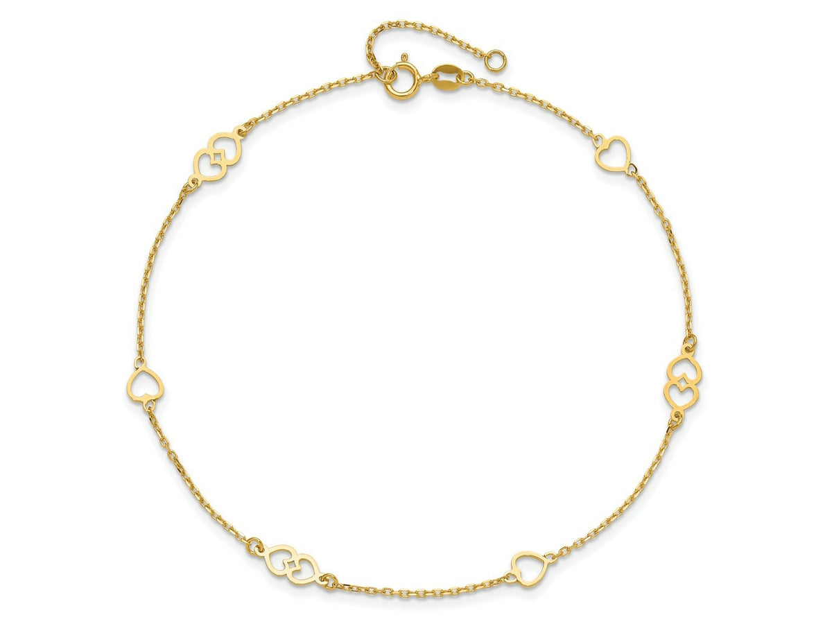 FJC Finejewelers 14 kt Yellow Gold Cable Polished Hearts 9in Plus 1 in ext. Anklet 9 Inches x 9 mm