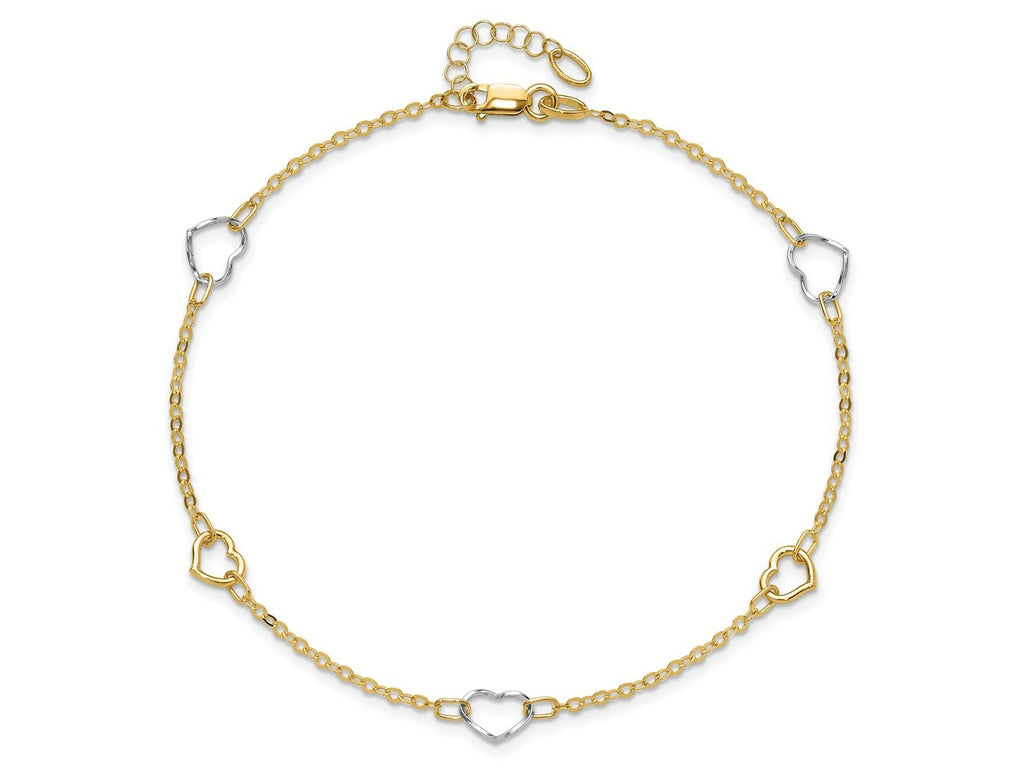 FJC Finejewelers 14 kt Two Tone Gold Cable Polished Heart 9in Plus 1in ext Anklet 9 Inches x 8 mm