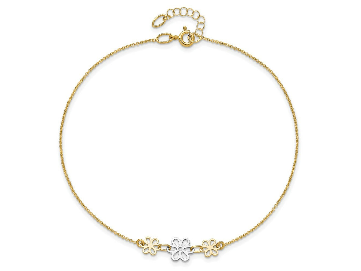 FJC Finejewelers 14 kt Two Tone Gold Cable Polished Three Flower 9in Plus 1in ext Anklet 9 Inches x 24 mm