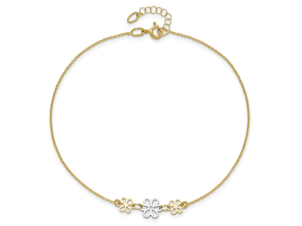 FJC Finejewelers 14 kt Two Tone Gold Cable Polished Three Flower 9in Plus 1in ext Anklet 9 Inches x 24 mm
