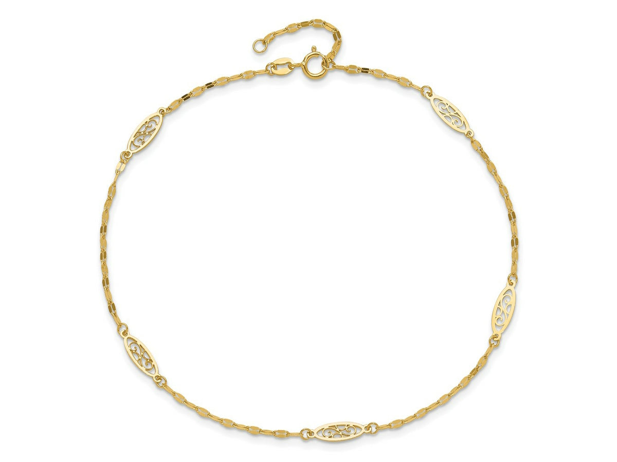FJC Finejewelers 14 kt Yellow Gold Polished Fancy Filigree Link 9in Plus 1 in ext. Anklet 9 Inches x 9 mm