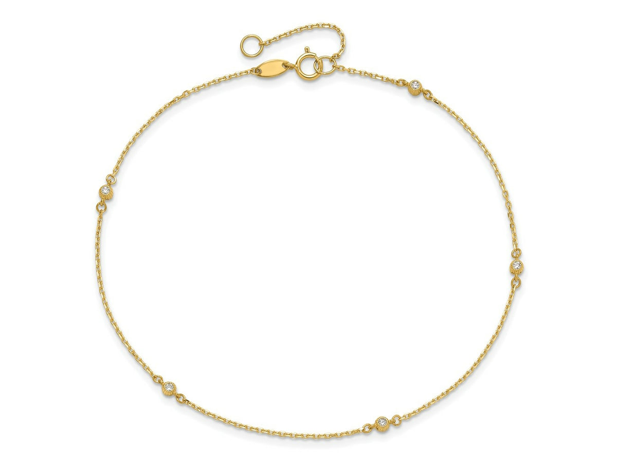 FJC Finejewelers 14 kt Yellow Gold Cable Polished CZ 5 Station 9in with 1 in ext. Anklet 9 Inches x 2 mm