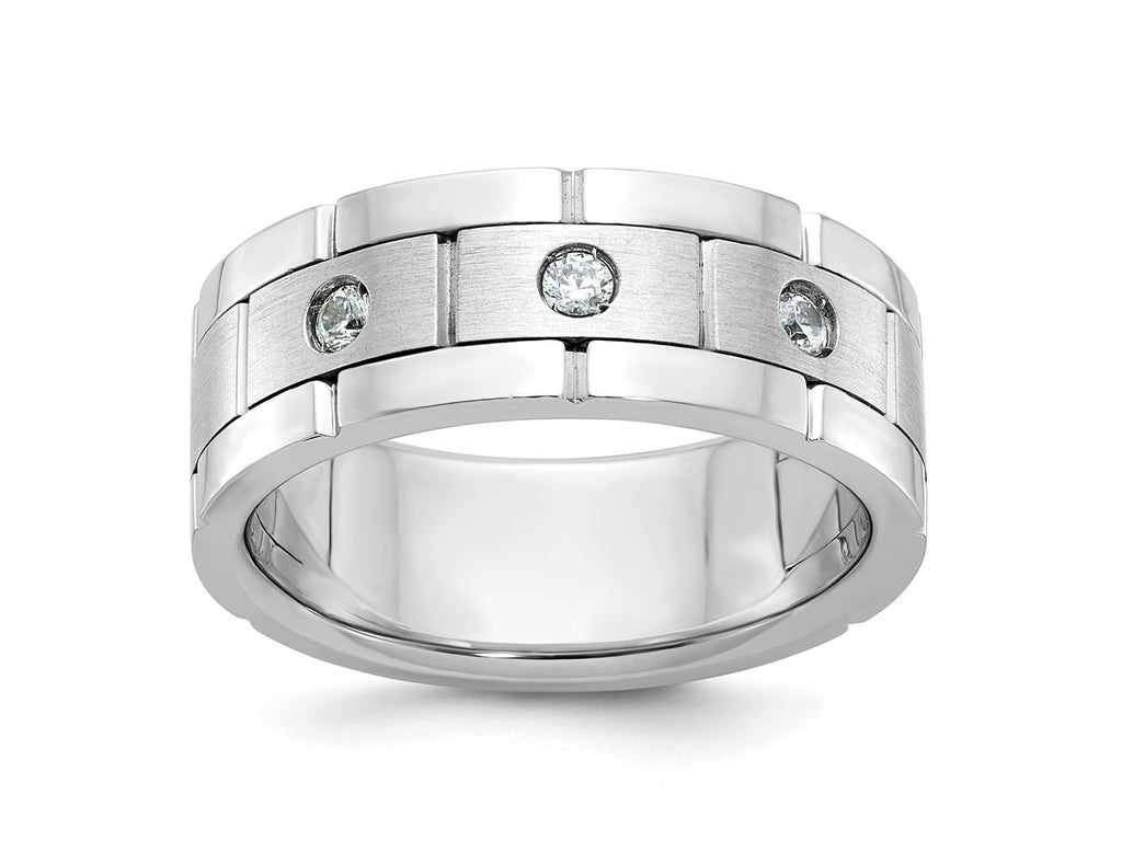FJC Finejewelers 14 kt White Gold Men's Satin and Grooved 3-Stone Lab Grown Diamonds Ring 8 mm