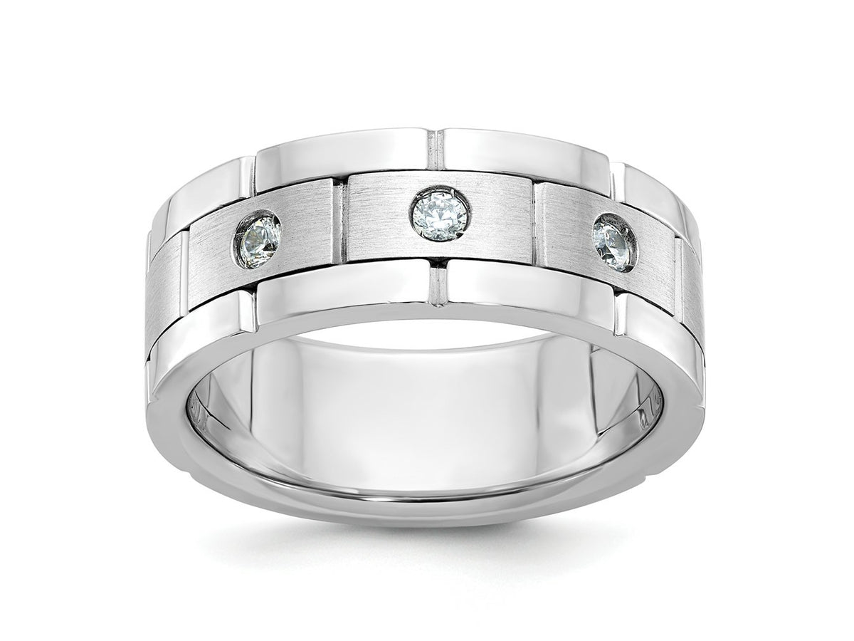 FJC Finejewelers 14 kt White Gold Men's Satin and Grooved 3-Stone Lab Grown Diamonds Ring 8 mm