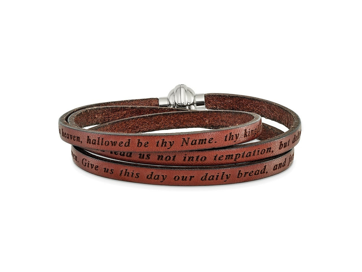 FJC Finejewelers Stainless Steel Lord's Prayer Brown Leather Wrap 22.25 Inch Bracelet 22.5 Inches x 5 mm